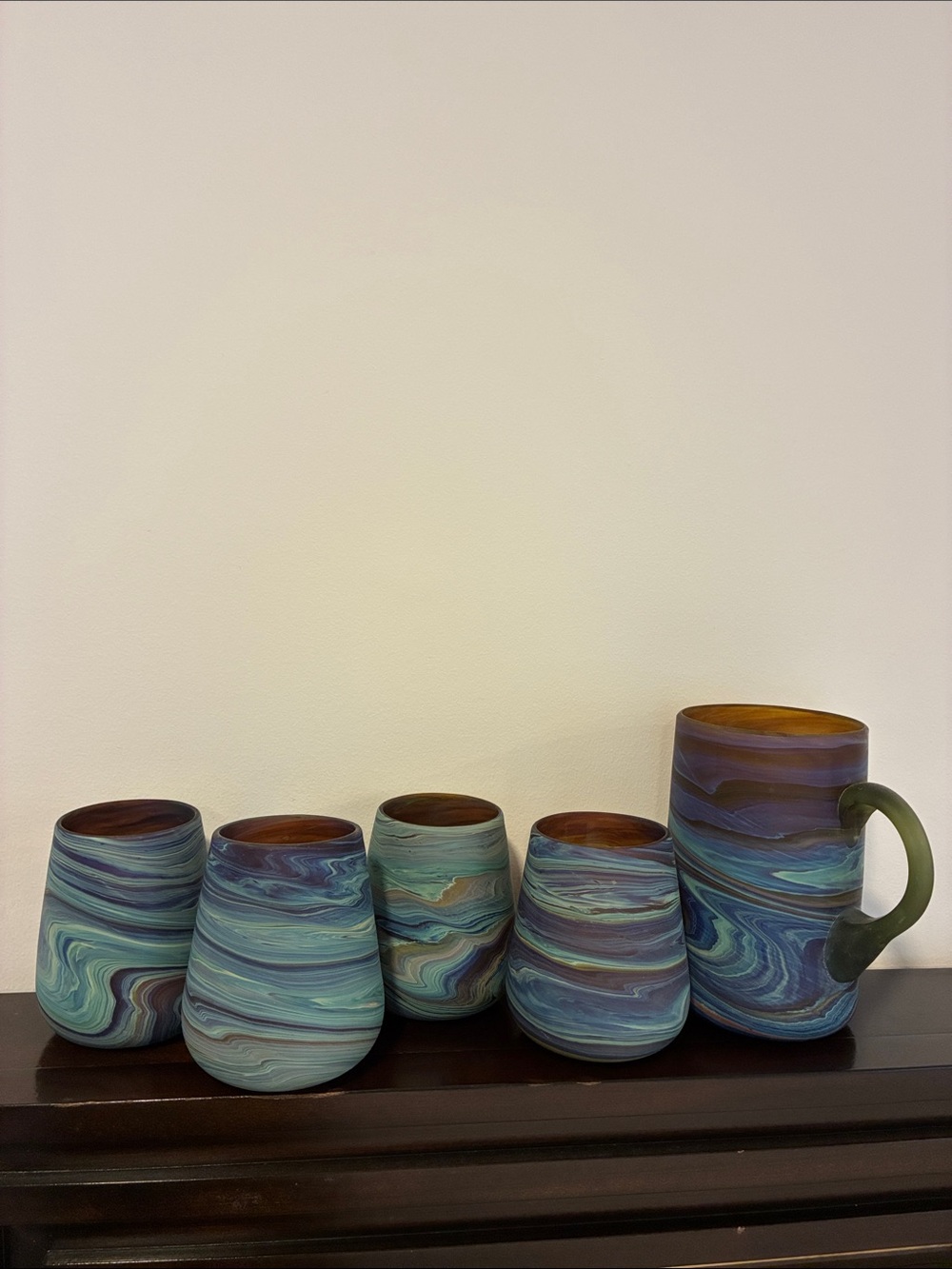 Hand blown Phoenician Glass Jug and Cup Set in Blue-Green